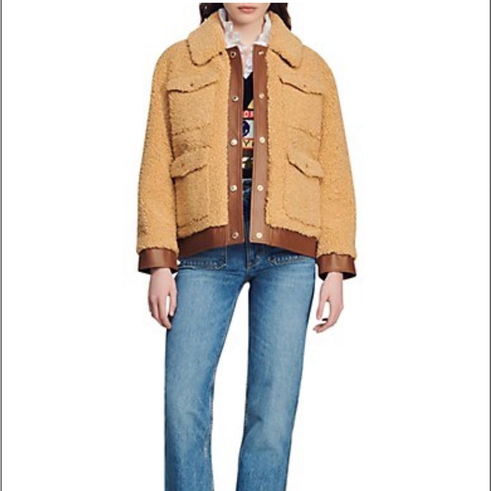 Sandro Livie Leather-Trimmed Faux-Fur Jacket, Size 2